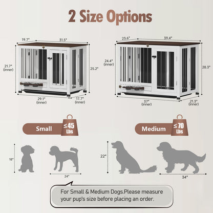 31.5" Wooden Dog Crate Furniture with Rotating Feeder & Tray