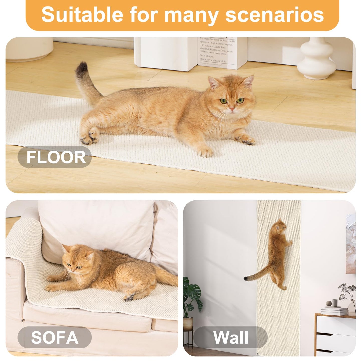 6.6 ft Cat Wall Scratching Carpet Pad for Climbing & Furniture Protection