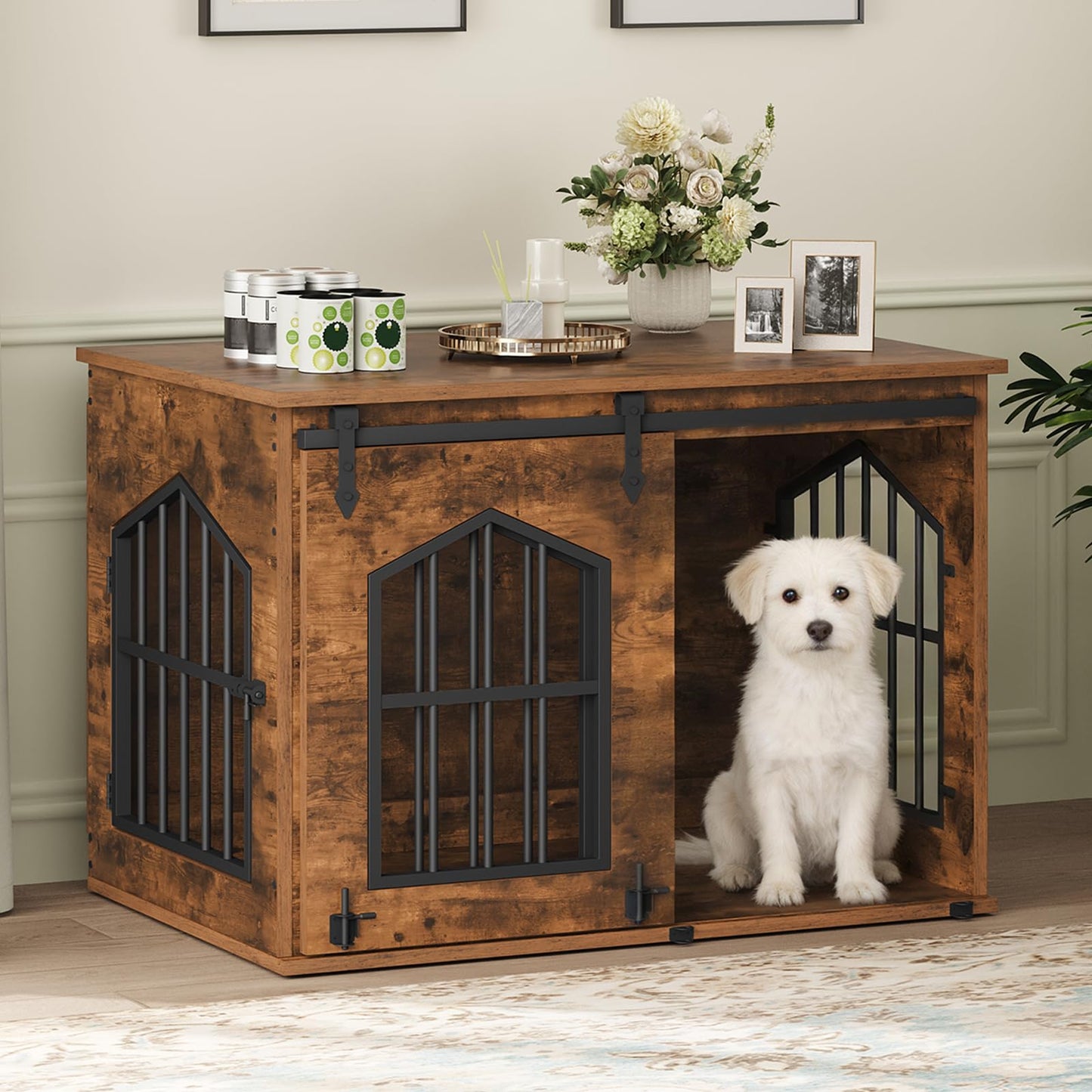 31.5" Farmhouse Wooden Dog Crate Furniture with Sliding Barn Door