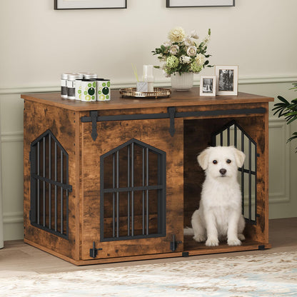 31.5" Farmhouse Wooden Dog Crate Furniture with Sliding Barn Door