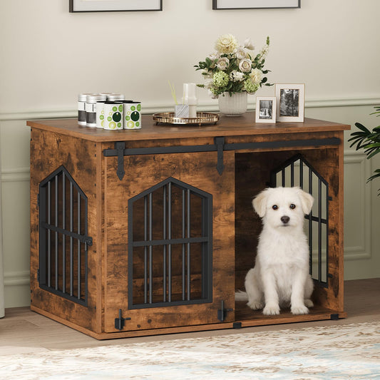 31.5" Farmhouse Wooden Dog Crate Furniture with Sliding Barn Door