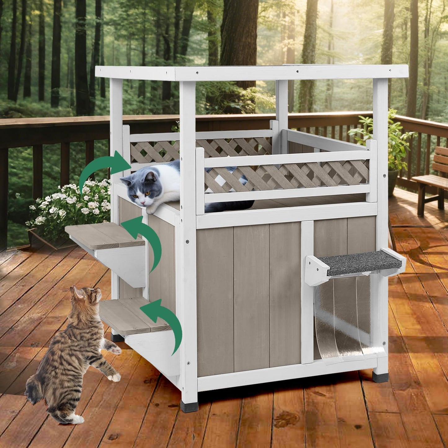 2-Story Outdoor Cat House with Balcony, Platforms & Openable Roof