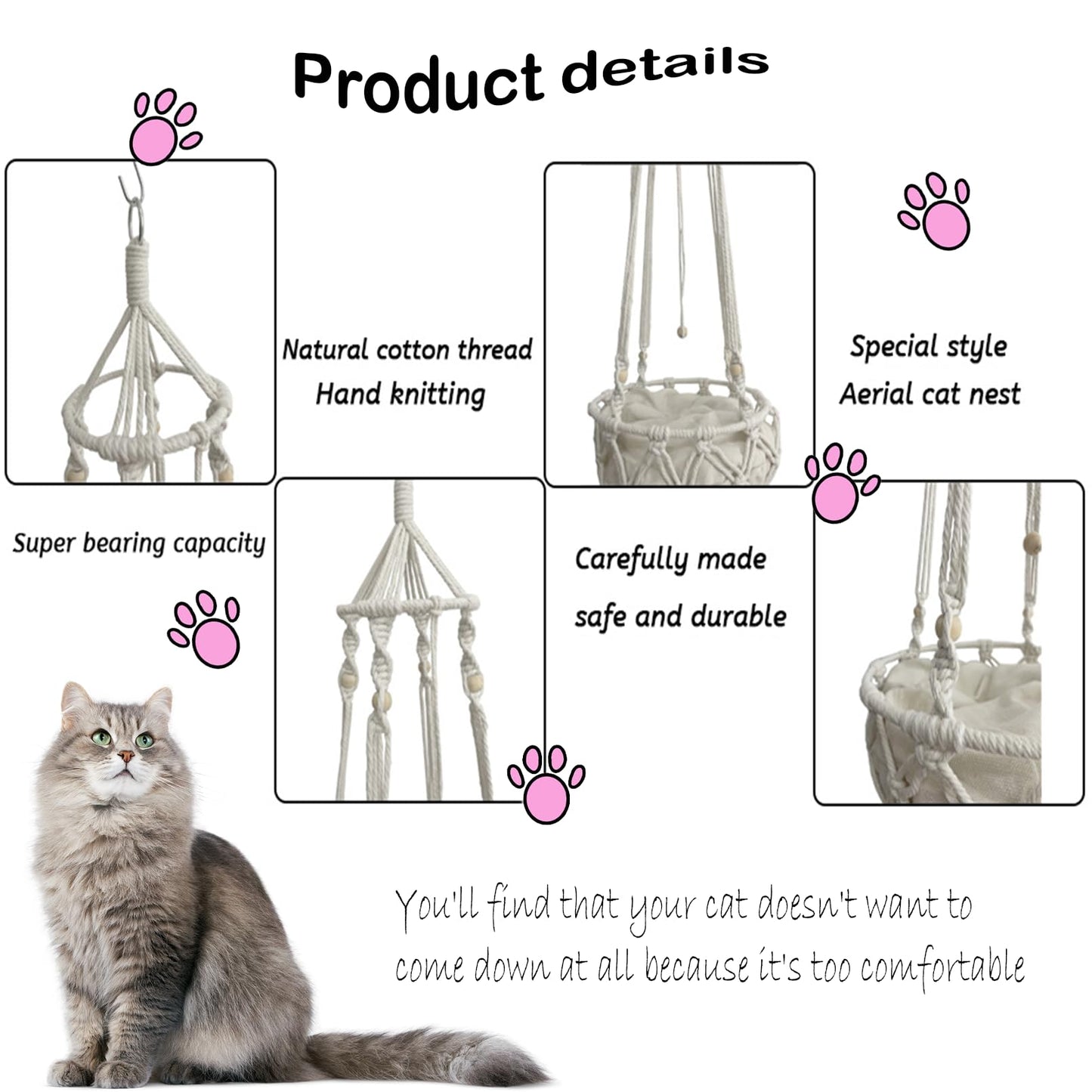 Handwoven Macrame Cat Hammock Bed with Cushion for Indoor Cats