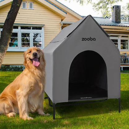 Weatherproof Elevated Dog House with Mesh Panels & Steel Frame