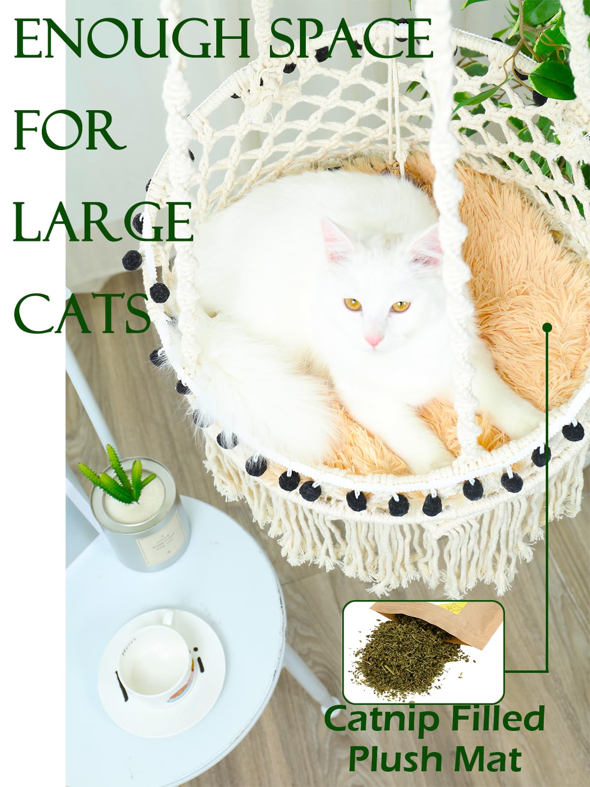 Macrame Hanging Cat Hammock Bed with Mat & Catnip Toys