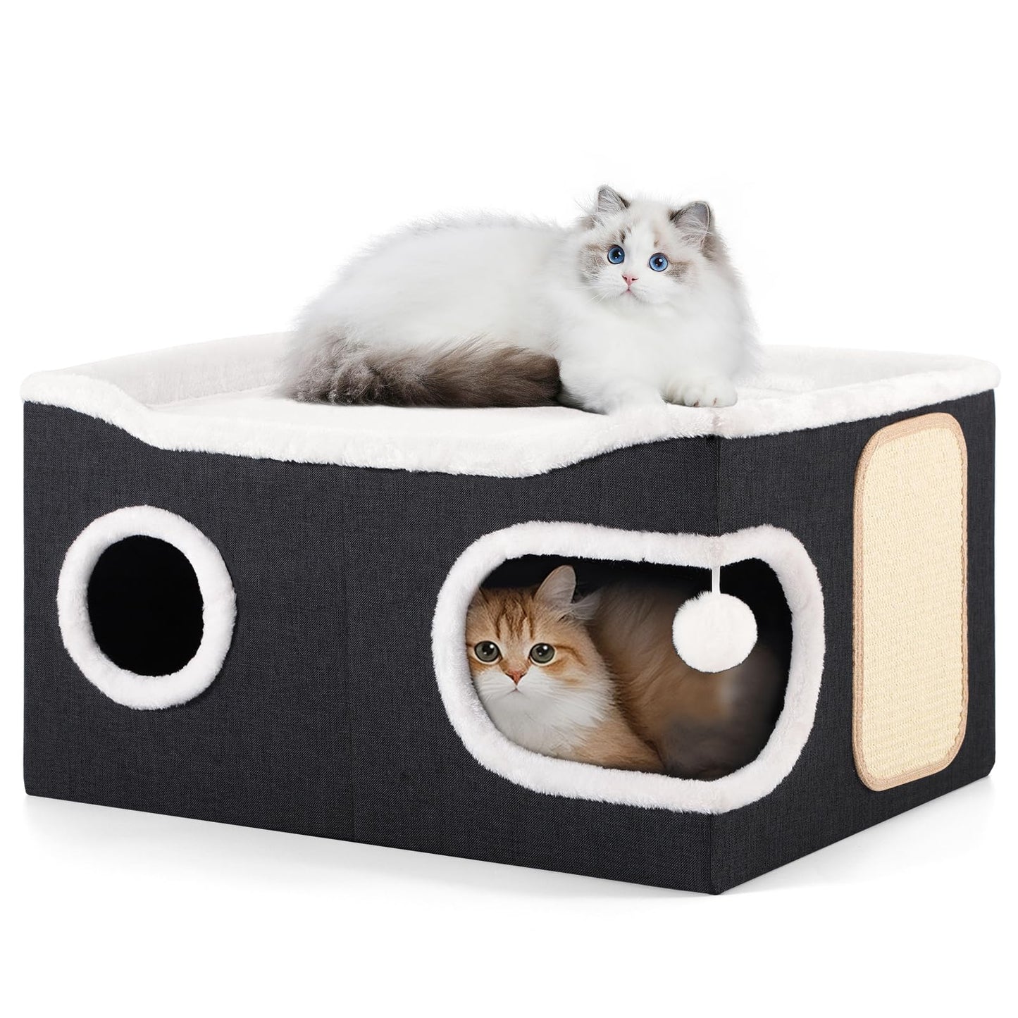 Large Cat Cave Bed with Round Window, Cushion & Cozy Hideaway Condo