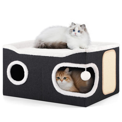 Large Cat Cave Bed with Round Window, Cushion & Cozy Hideaway Condo