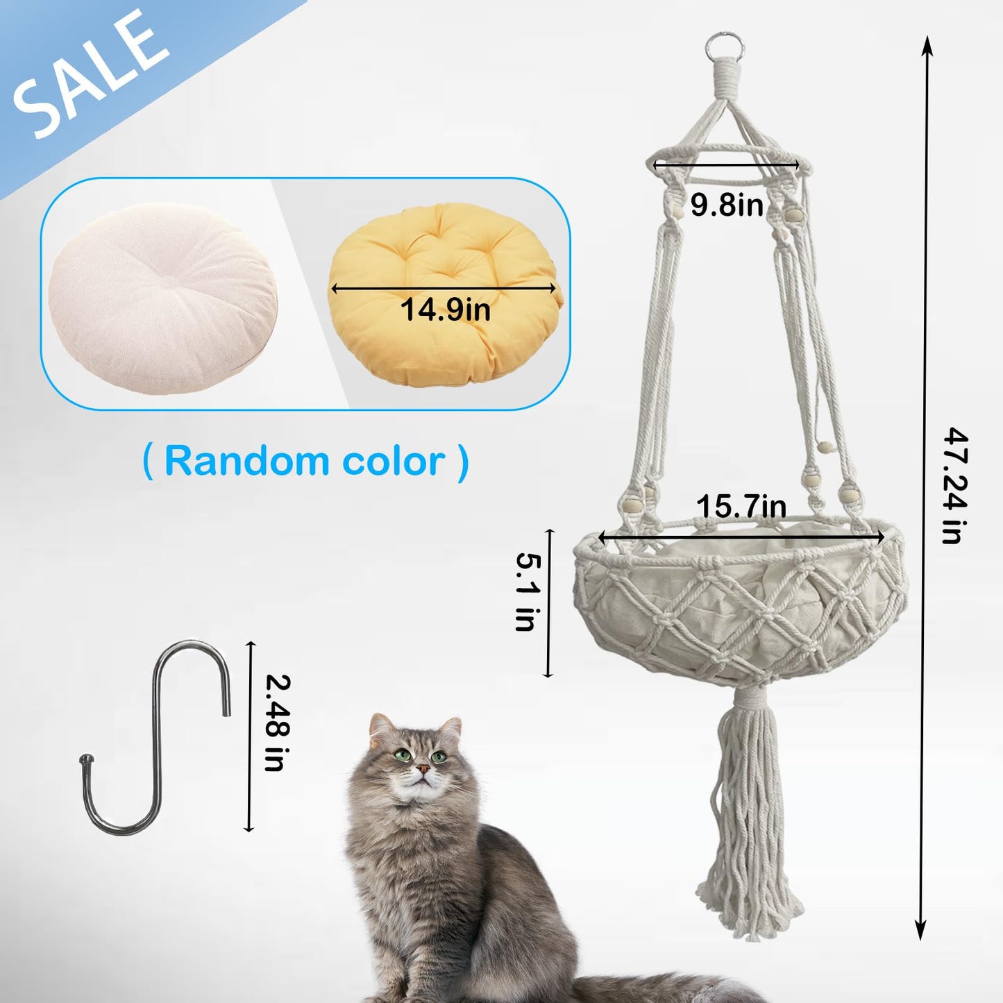 Handwoven Macrame Cat Hammock Bed with Cushion for Indoor Cats