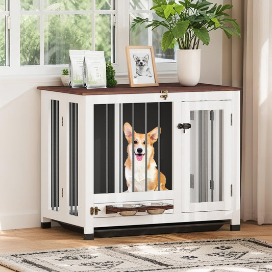 31.5" Wooden Dog Crate Furniture with Rotating Feeder & Tray