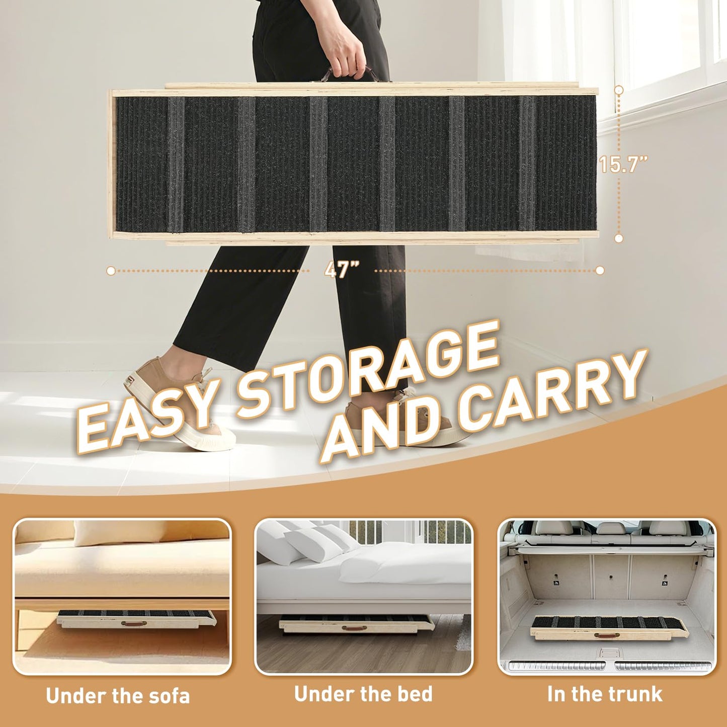 Adjustable Wooden Pet Ramp with Non-Slip Carpet Surface