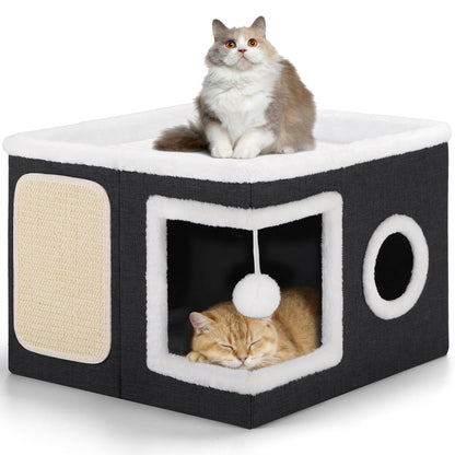 Large Cat Cave Bed with Round Window, Cushion & Cozy Hideaway Condo
