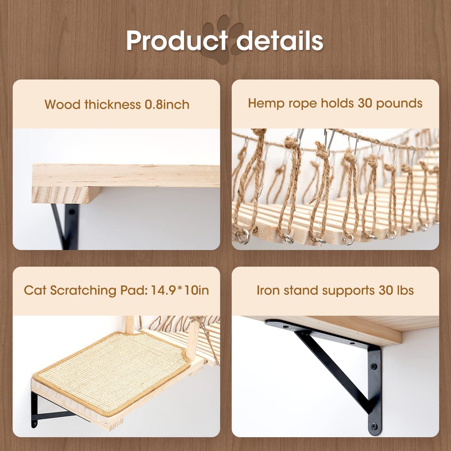 Wall Mounted Cat Rope Bridge with Bed, Perches & Sisal Scratch Mat