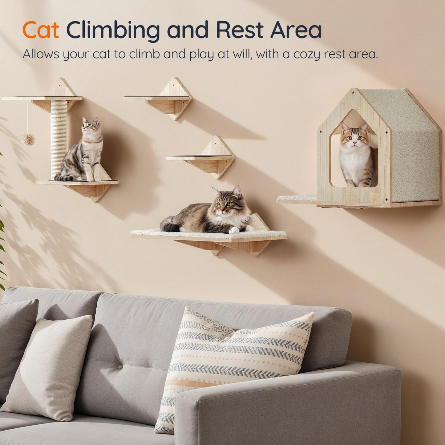 Wood Cat Wall Shelves Set with House, Steps, Perch & Scratching Post