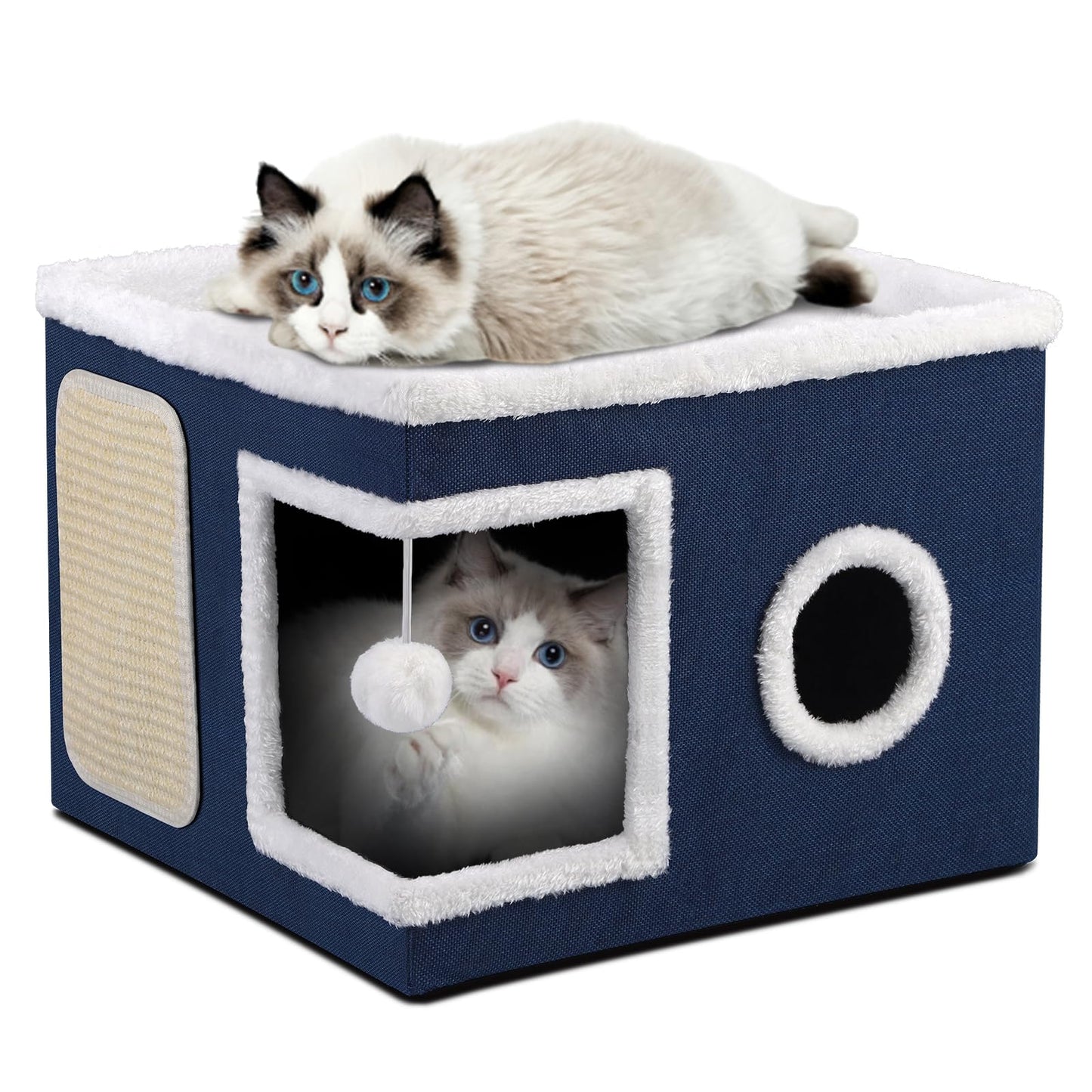Large Cat Cave Bed with Round Window, Cushion & Cozy Hideaway Condo