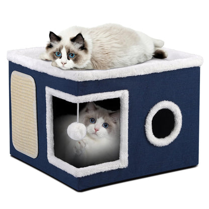Large Cat Cave Bed with Round Window, Cushion & Cozy Hideaway Condo
