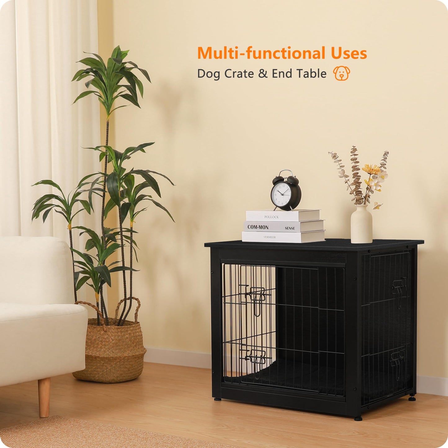 Wooden Dog Crate Furniture with Cushion & Double Doors