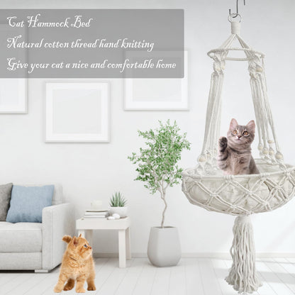 Handwoven Macrame Cat Hammock Bed with Cushion for Indoor Cats