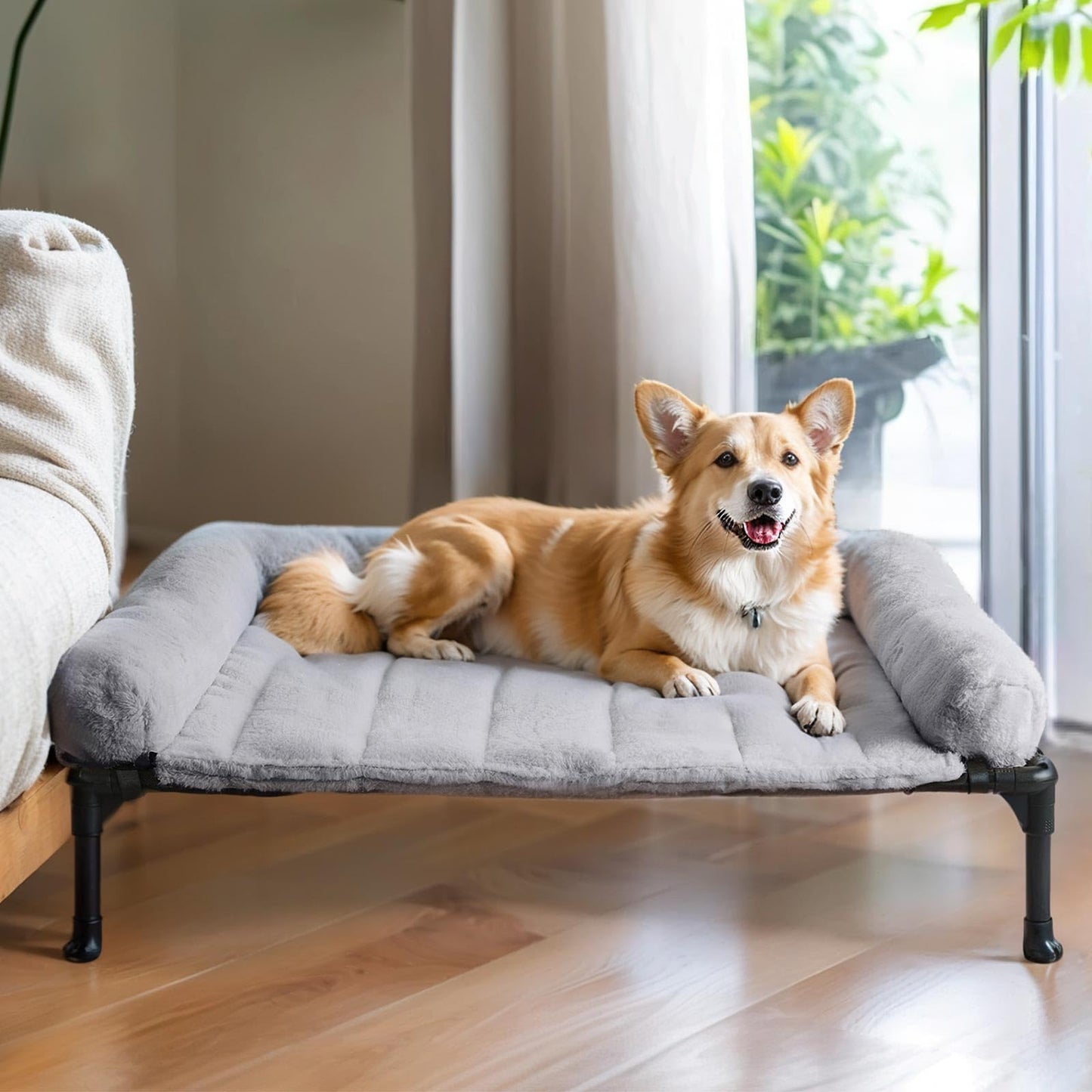 Orthopedic Elevated Dog Bed with Bolster Cushion & Washable Mat