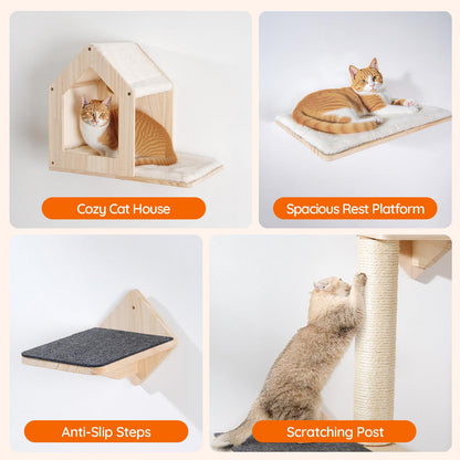 Wood Cat Wall Shelves Set with House, Steps, Perch & Scratching Post