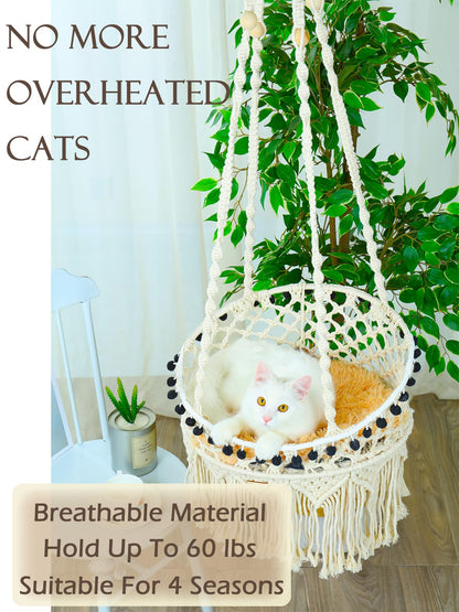 Macrame Hanging Cat Hammock Bed with Mat & Catnip Toys