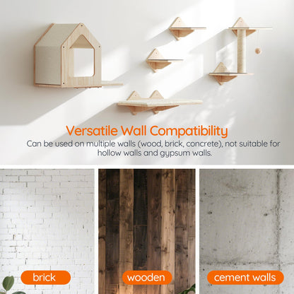 Wood Cat Wall Shelves Set with House, Steps, Perch & Scratching Post