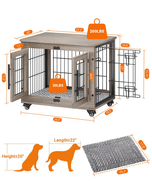 Wooden Dog Crate Furniture with Cushion, Wheels & Double Doors