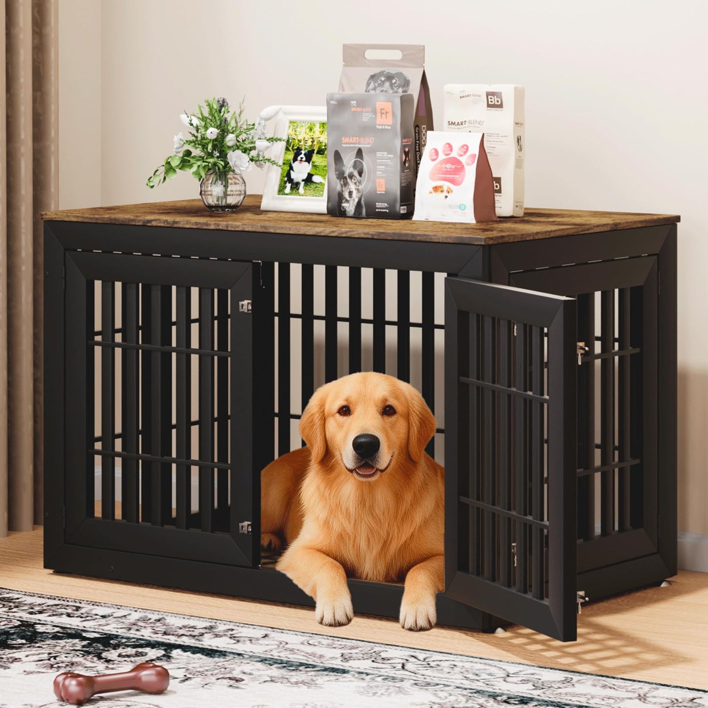48" Heavy Duty Dog Crate Furniture with Waterproof Top & Wooden Frame