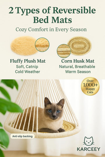 Macrame Hanging Cat Hammock Bed with Mat & Catnip Toys