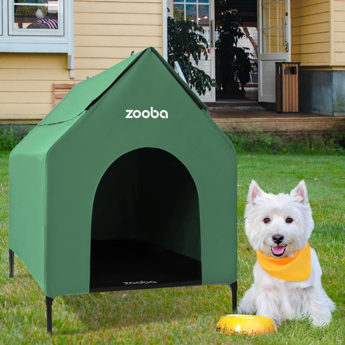 Weatherproof Elevated Dog House with Mesh Panels & Steel Frame