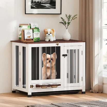 31.5" Wooden Dog Crate Furniture with Rotating Feeder & Tray