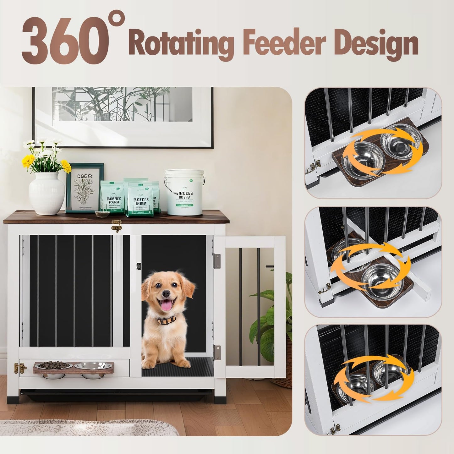 31.5" Wooden Dog Crate Furniture with Rotating Feeder & Tray