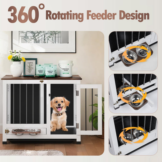 31.5" Wooden Dog Crate Furniture with Rotating Feeder & Tray