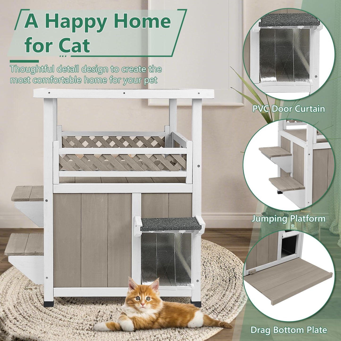 2-Story Outdoor Cat House with Balcony, Platforms & Openable Roof