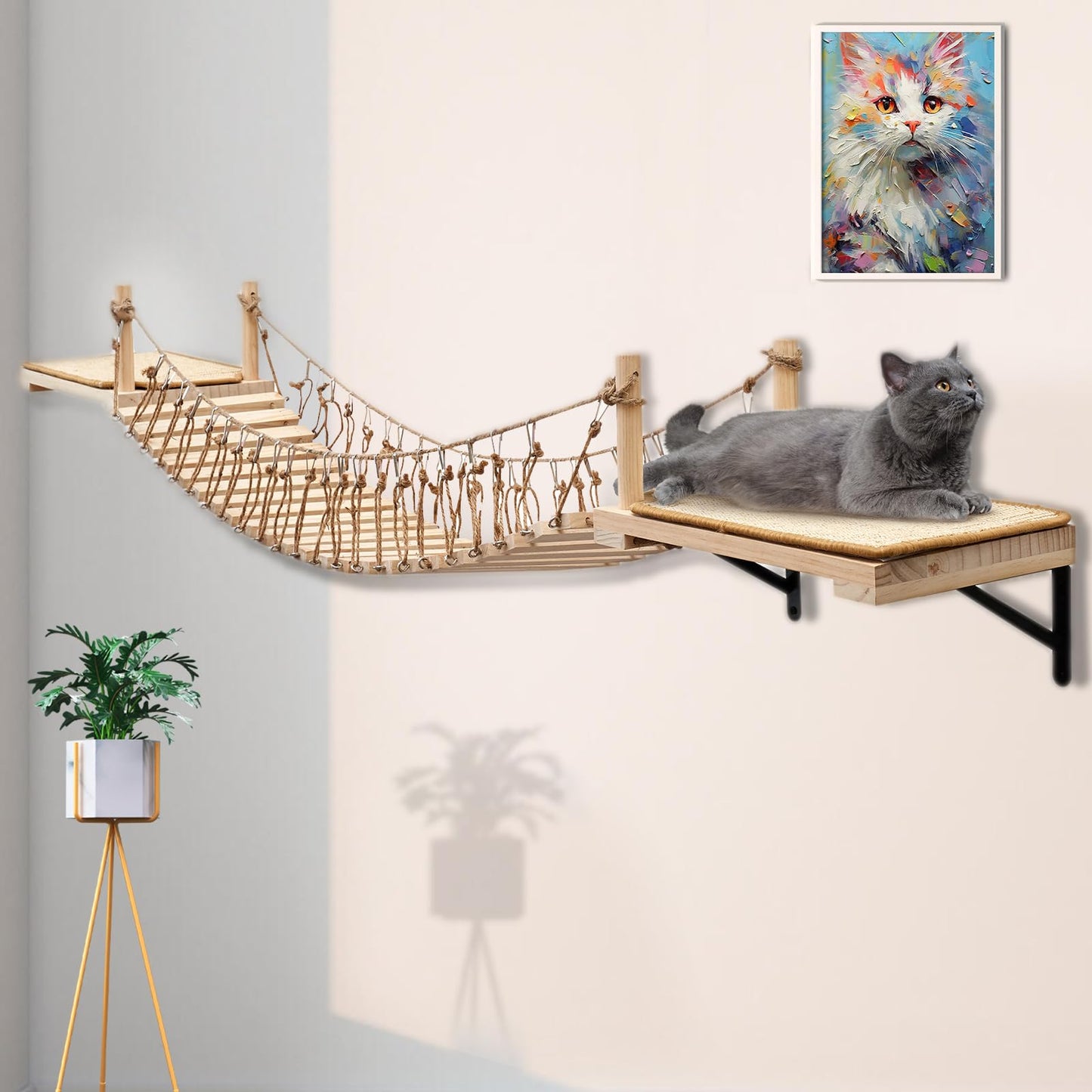 Wall Mounted Cat Rope Bridge with Bed, Perches & Sisal Scratch Mat