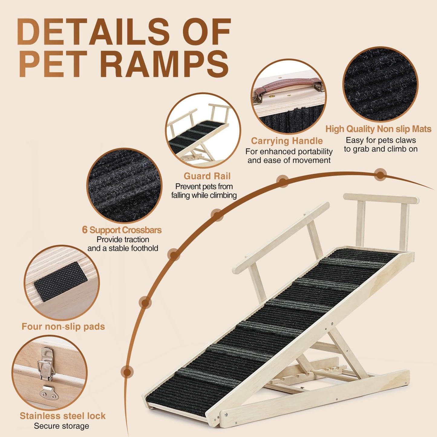 Adjustable Wooden Pet Ramp with Non-Slip Carpet Surface