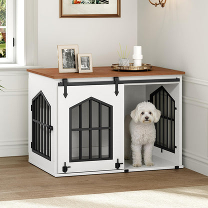 31.5" Farmhouse Wooden Dog Crate Furniture with Sliding Barn Door