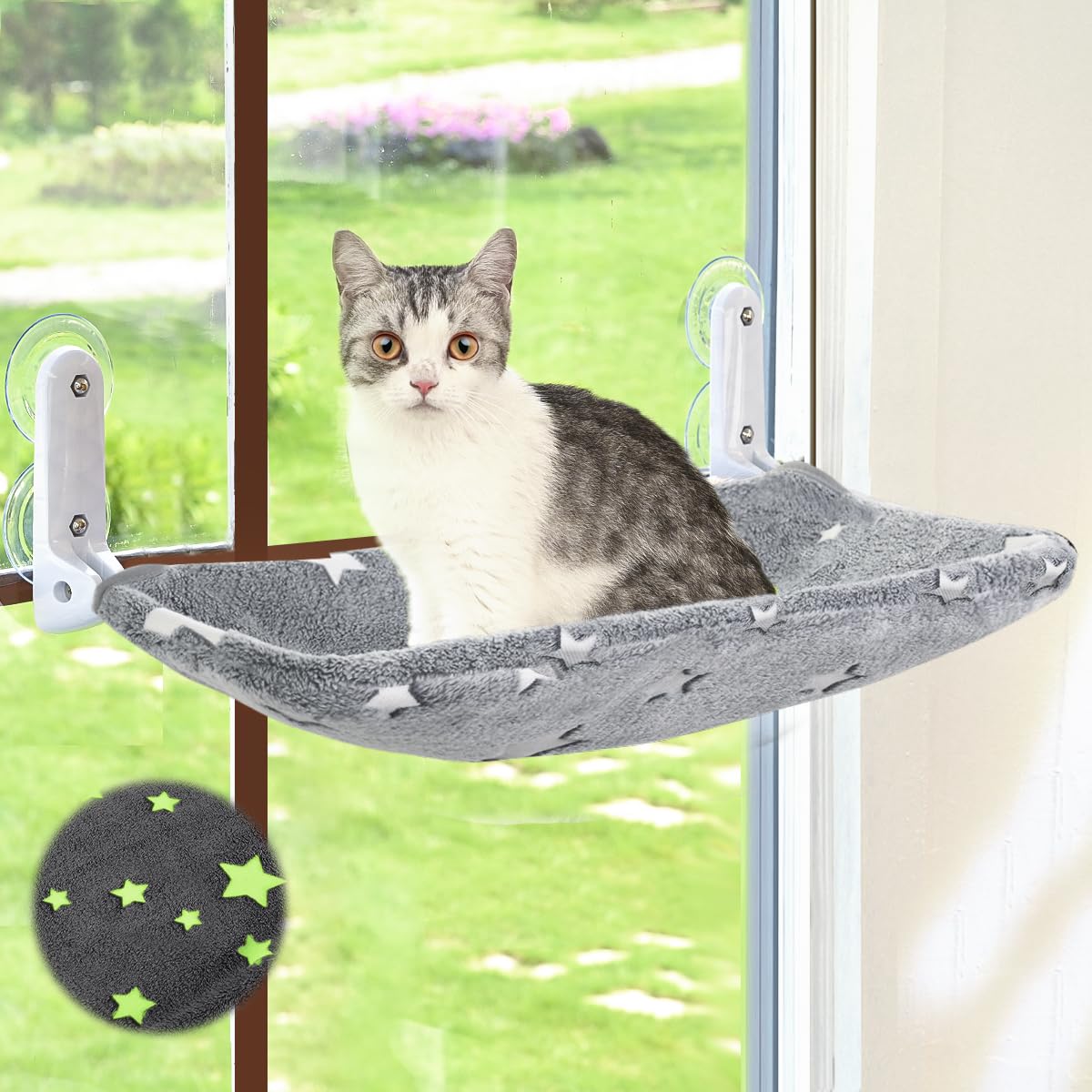 Cordless Cat Window Perch Hammock with Metal Frame & Washable Cover