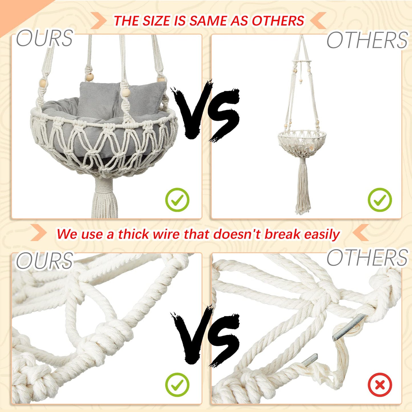 3PCS Macrame Cat Hammock Hanging Bed with Scratch Pad