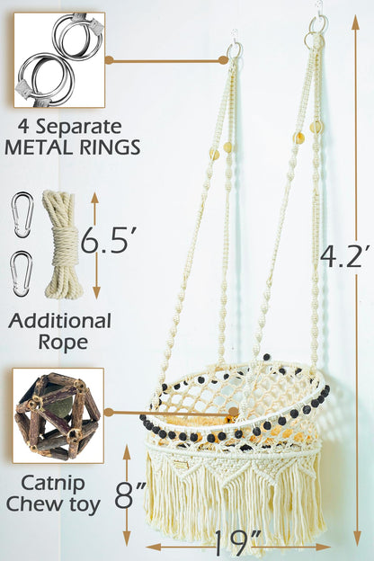 Macrame Hanging Cat Hammock Bed with Mat & Catnip Toys