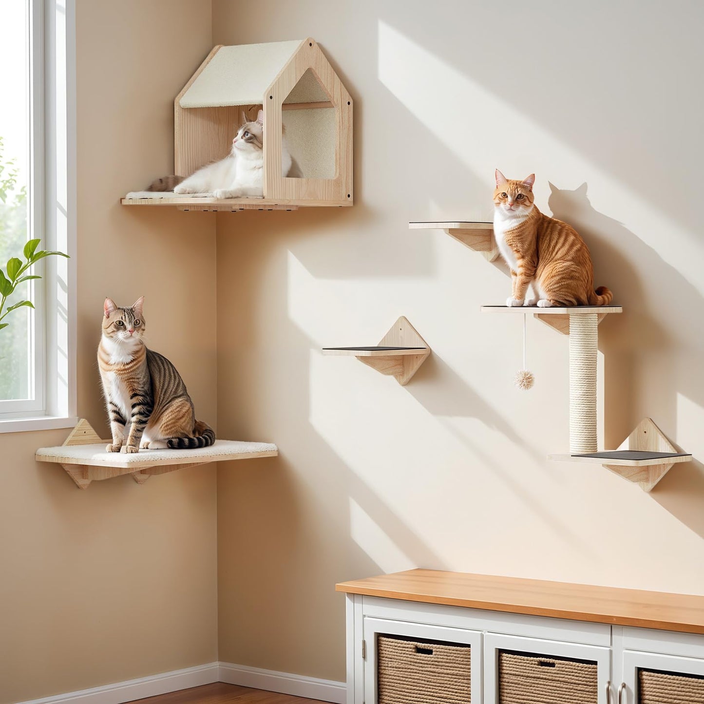 Wood Cat Wall Shelves Set with House, Steps, Perch & Scratching Post