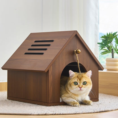Modern Wooden Cat House with Plush Cushion & Hanging Toy Hideaway