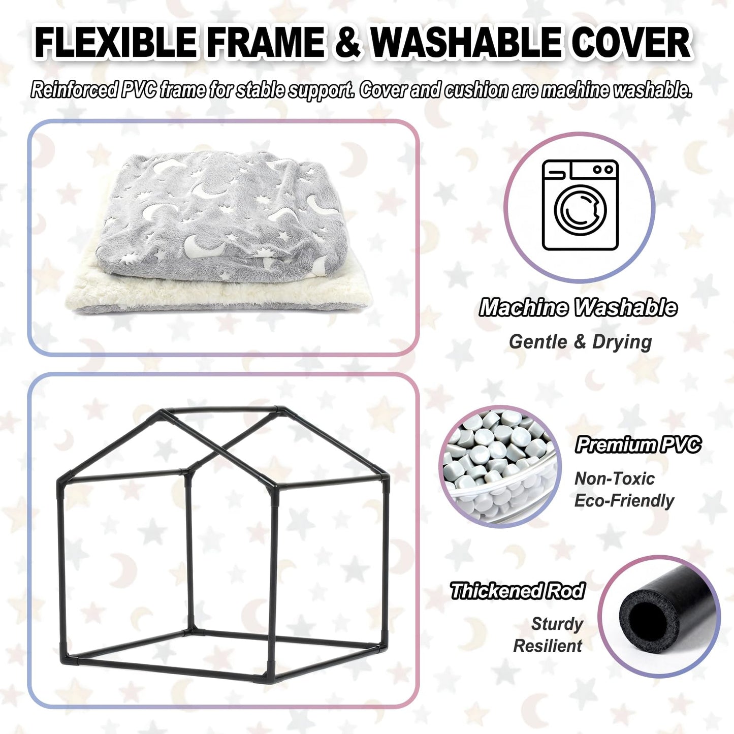 Pelemee Indoor Dog House, Night-Luminous Star Dog Bed with Frame, Dog Cave Tent