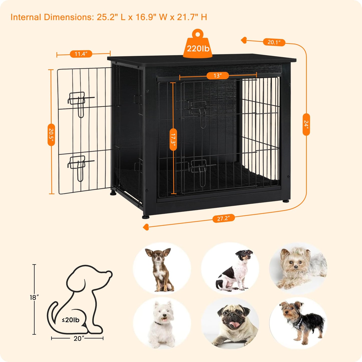 Wooden Dog Crate Furniture with Cushion & Double Doors