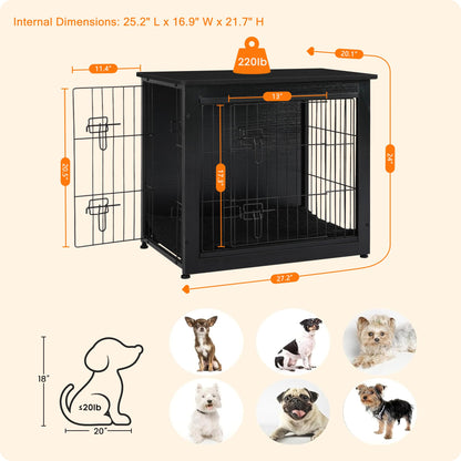 Wooden Dog Crate Furniture with Cushion & Double Doors