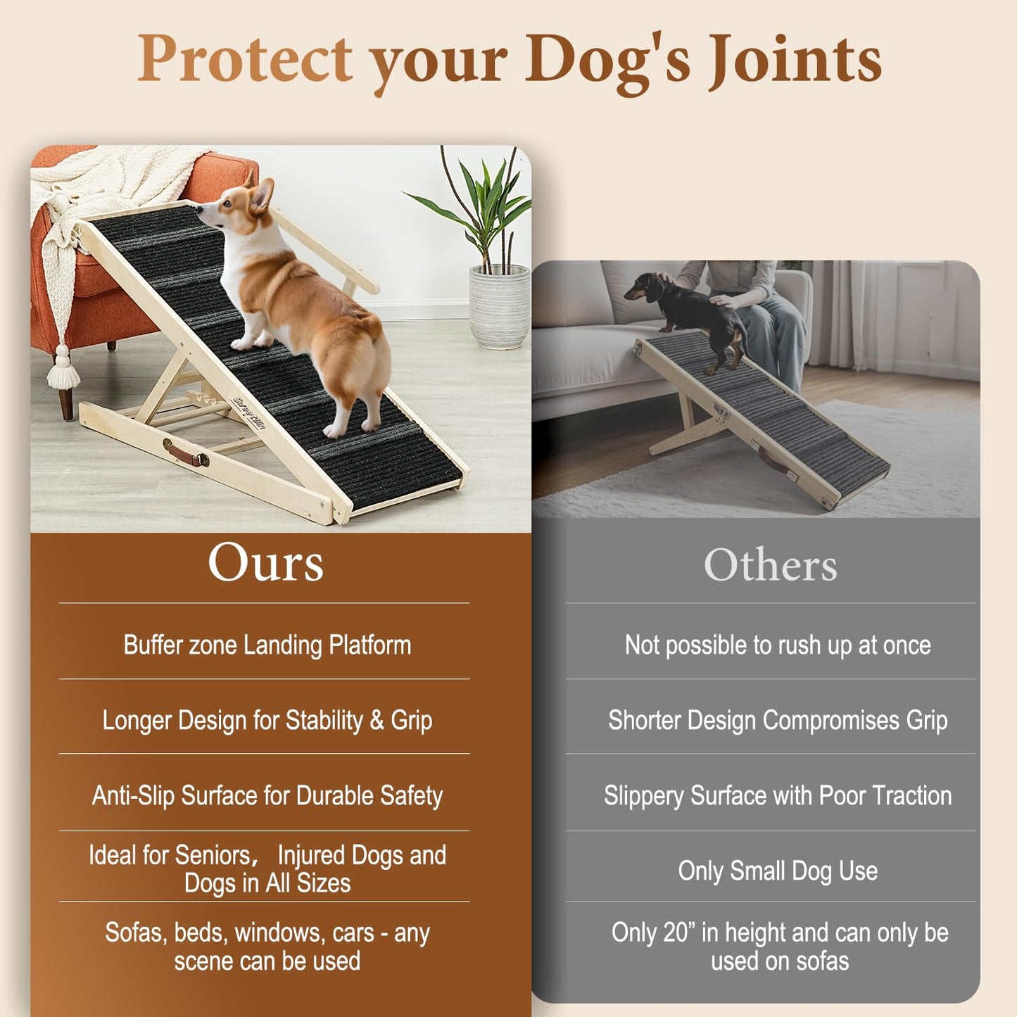 Adjustable Wooden Pet Ramp with Non-Slip Carpet Surface