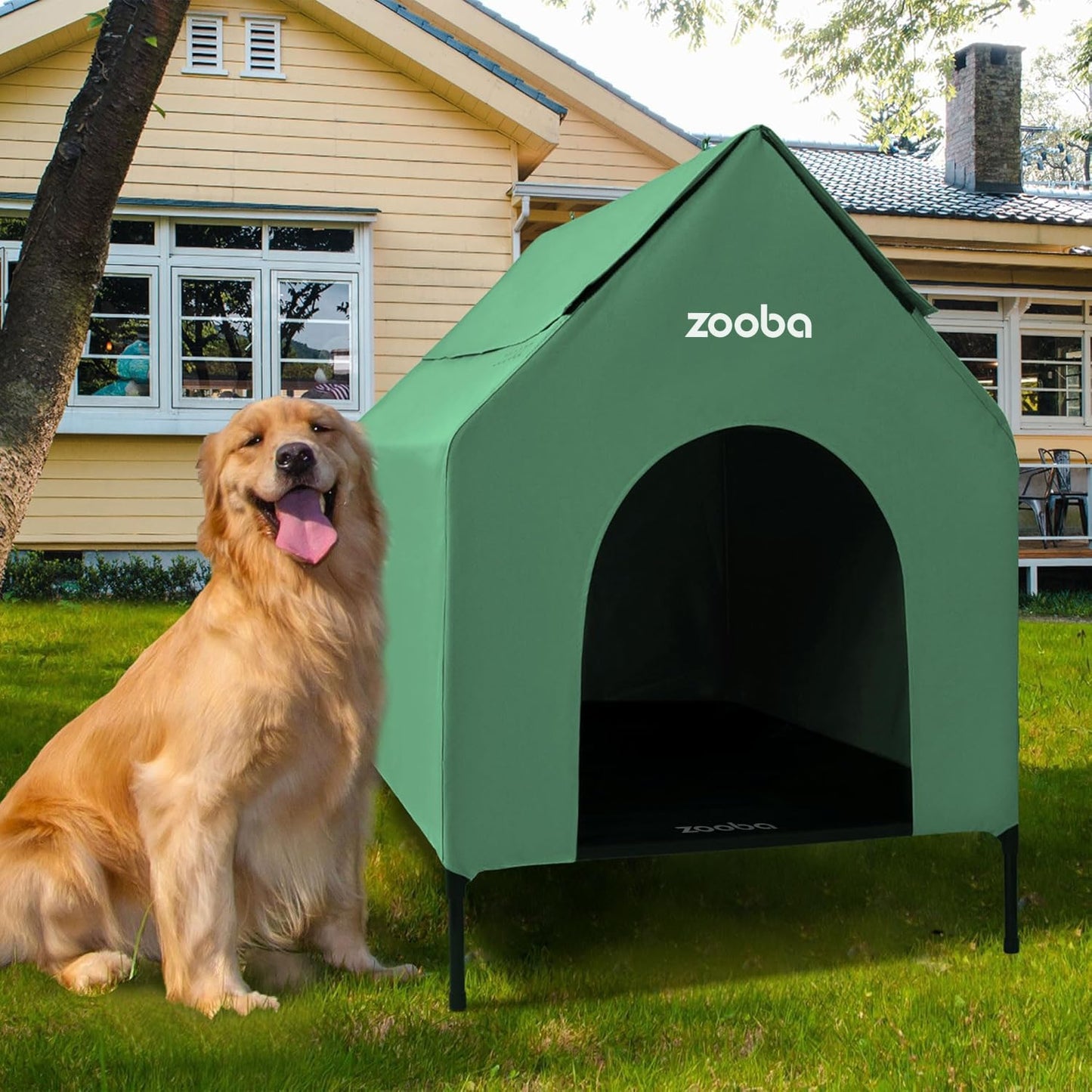 Weatherproof Elevated Dog House with Mesh Panels & Steel Frame