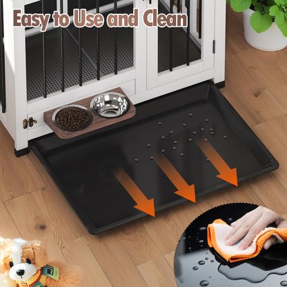 31.5" Wooden Dog Crate Furniture with Rotating Feeder & Tray