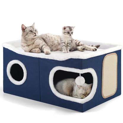 Large Cat Cave Bed with Round Window, Cushion & Cozy Hideaway Condo