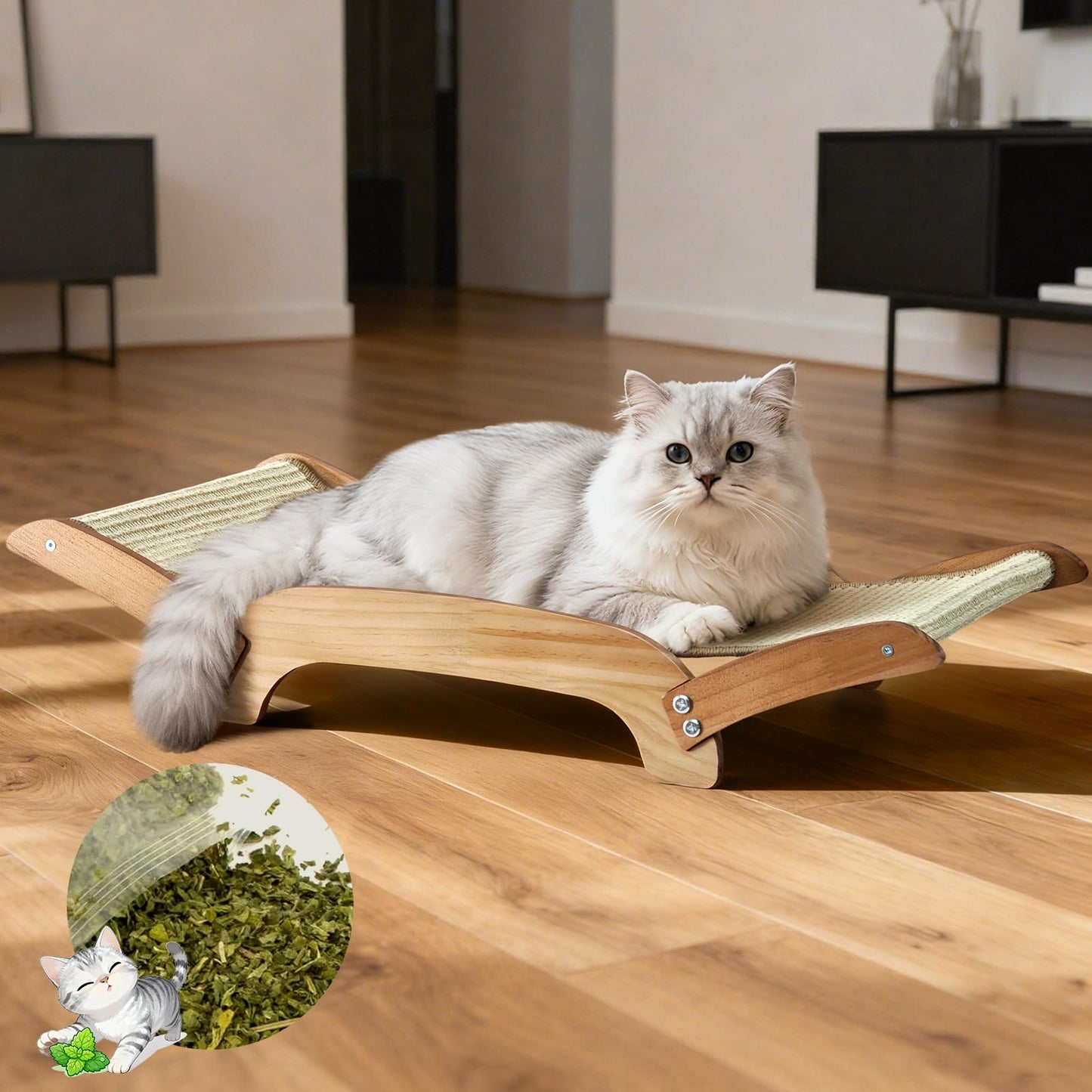 3-in-1 Sisal Cat Scratcher Lounge Bed with Solid Wood Frame