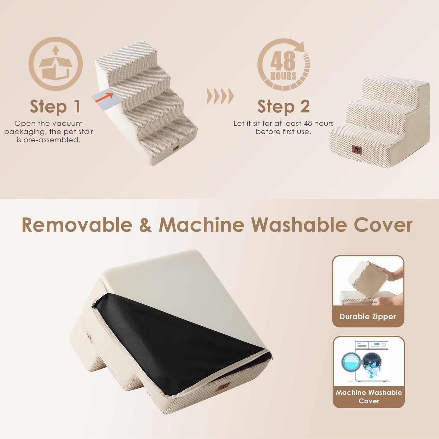 Extra Wide Dog Stairs Ramp for Bed & Couch, 3–5 Steps